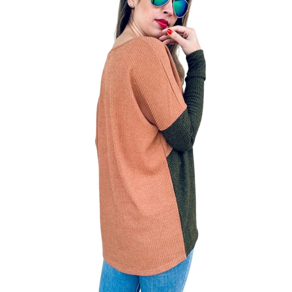 Amoli Leopard Color Block Ribbed Tunic Top - Picture 3 of 5